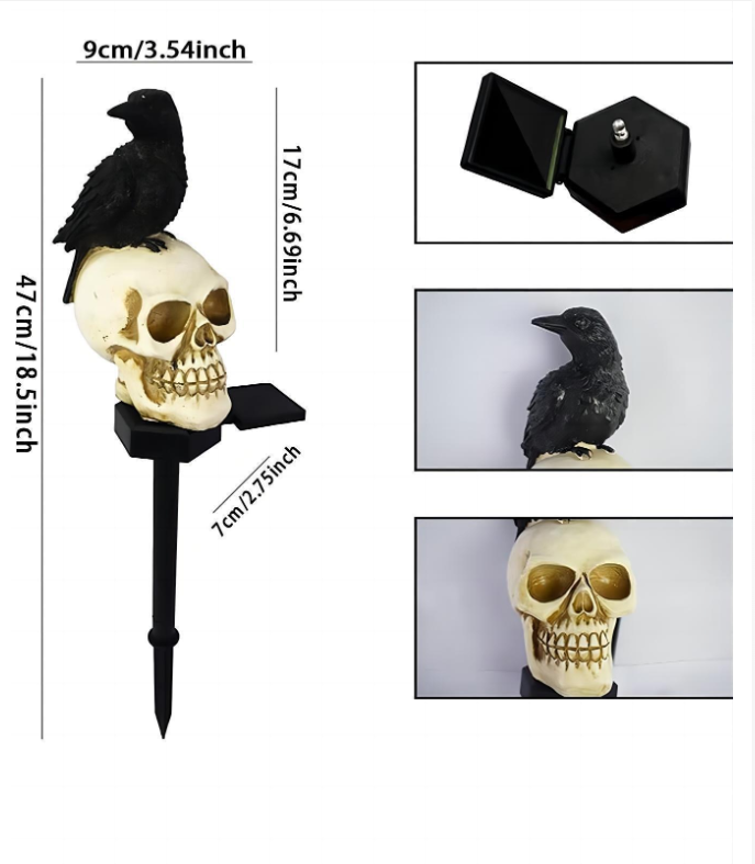 Animated Raven Skull Solar Garden Stake – Spooky Moving Halloween Outdoor Yard Decor