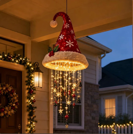 🎅 Beleuchteter Weihnachtsmannhut als Hängeleuchter 🎄 | 3 verschiedene Designs, warme LED-Lichterkette | Weihnachtsdeko für drinnen und draußen, Geschenkidee