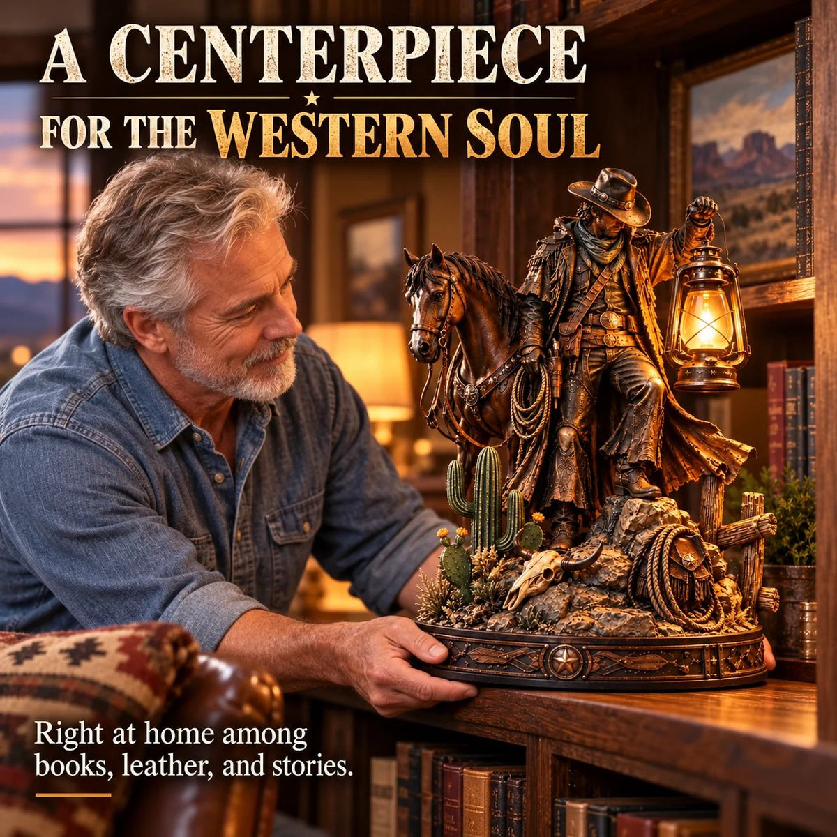 🎁Last Day 50% OFF🔥🤠 Western Rider & Horse Lantern Statue | Rustic Cowboy Decor