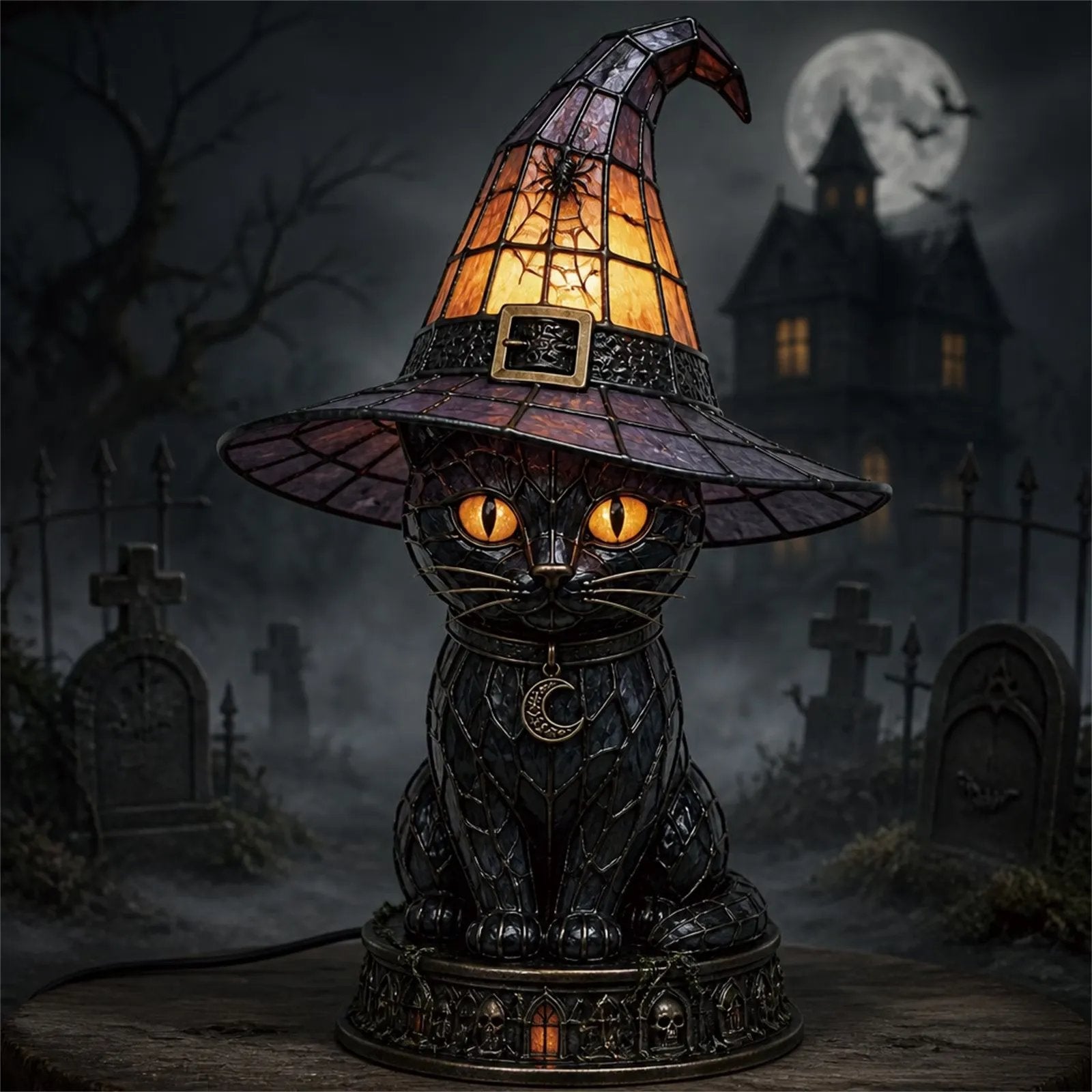 🐈 Gothic Stained Glass Witch Black Cat Table Lamp | Halloween Witch Hat Night Light Decor
