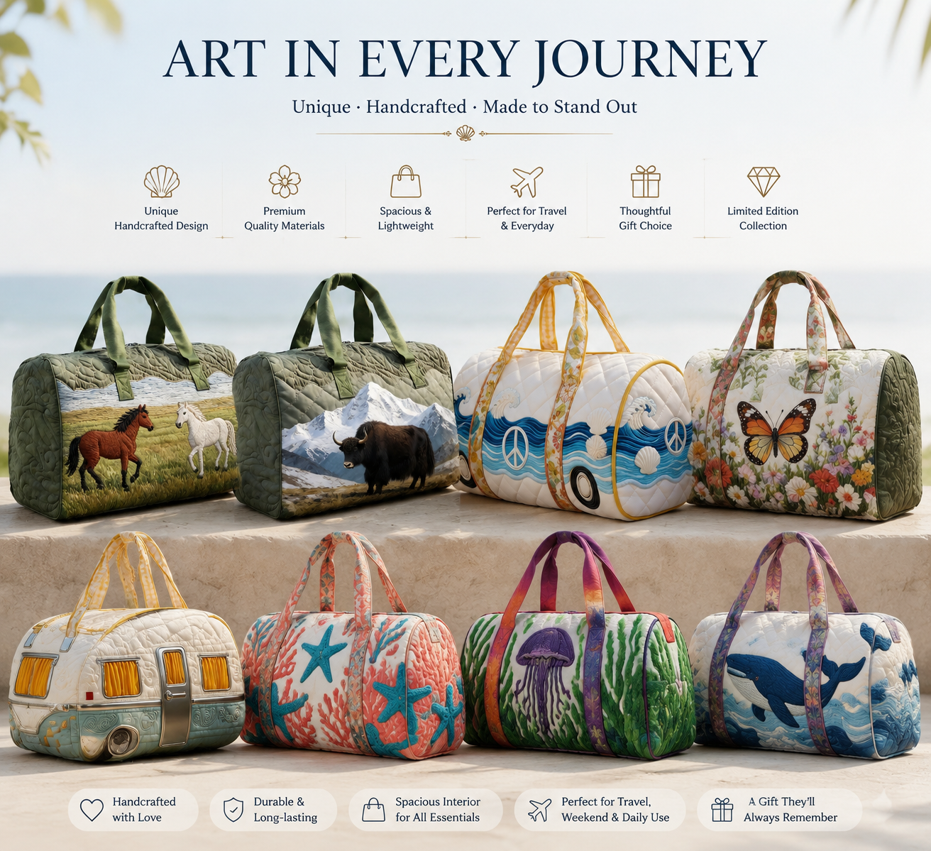 Beautifully handcrafted travel bags designed to bring art, comfort, and personality into every journey.