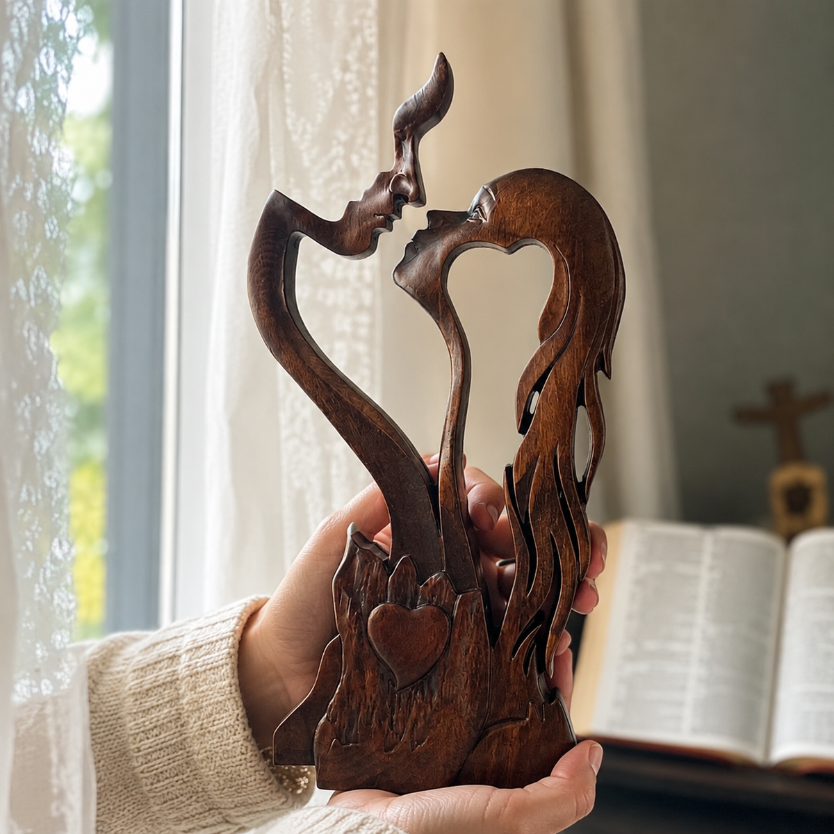 Hand-Carved Christian Love Sculpture – Wooden Couple Statue for Wedding & Anniversary Gift - side view