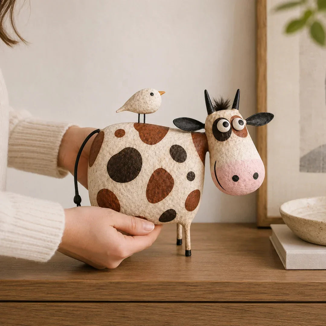 Whimsical Cow & Bird Folk Art Figurine