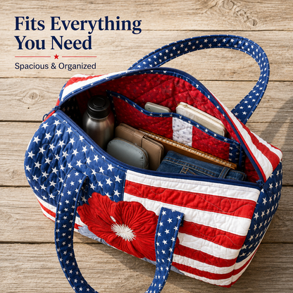 US Patriotic Quilted Tote Bag – 3D Floral American Flag Travel Bag 👜
