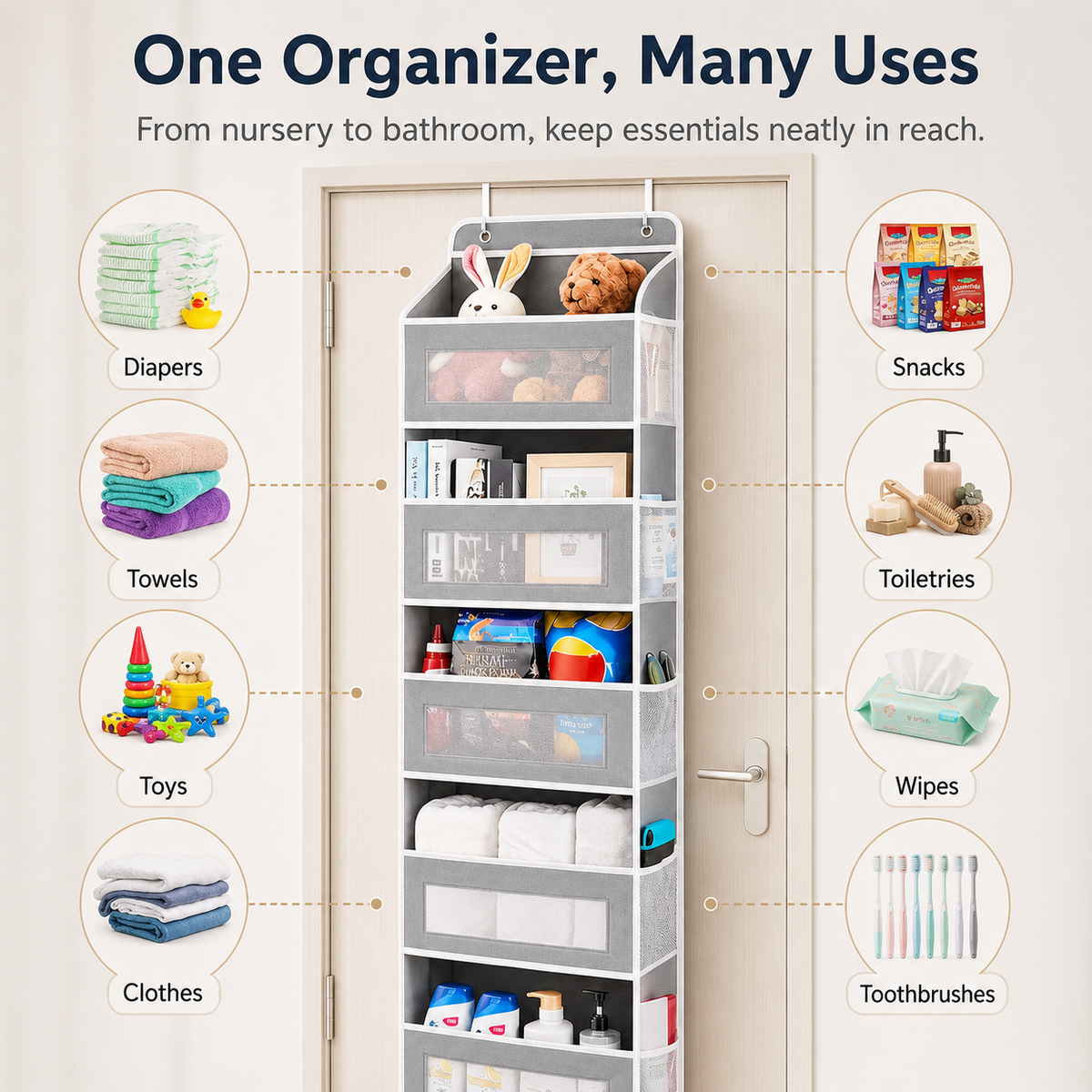 🔥 50% OFF 5-Tier Over-the-Door Organizer – Extra Side Mesh Pockets for More Storage 🚪