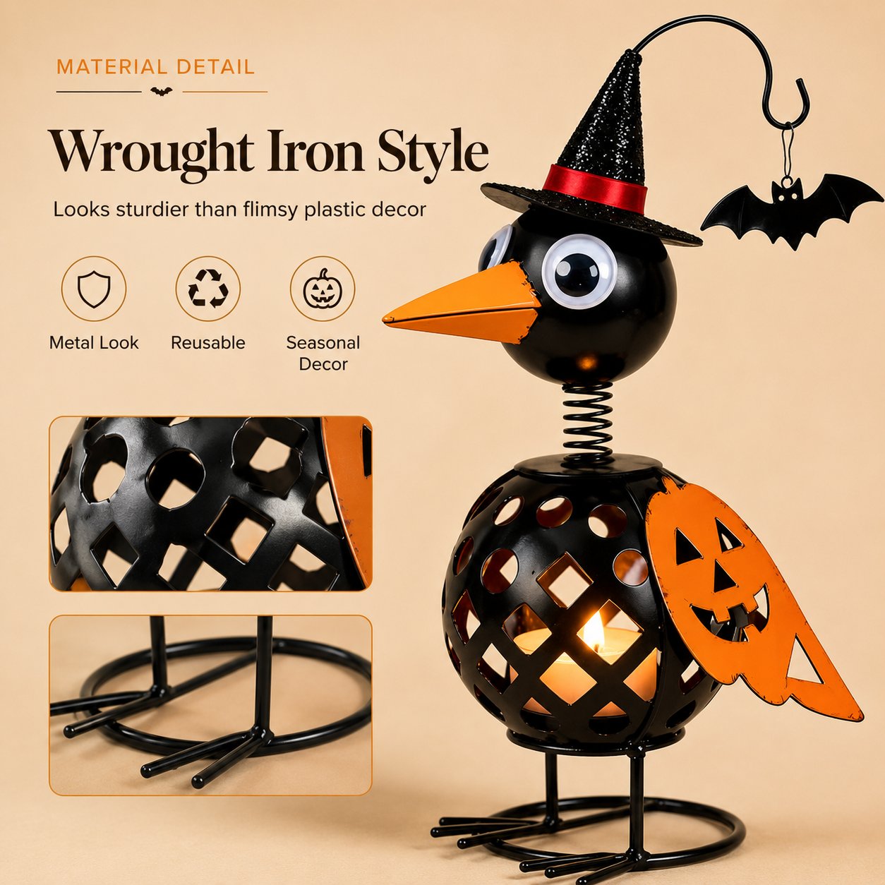 Wrought Iron Crow and Pumpkin Ornament🐦🎃