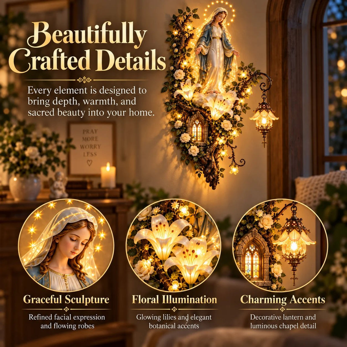 🔥HOT SALE🔥🙏✨ Blessed Mother Lighted Wall Décor | Virgin Mary 3D Religious Wall Art with Warm Ambient Glow