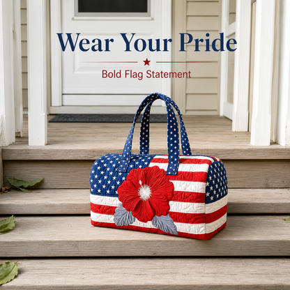 US Patriotic Quilted Tote Bag – 3D Floral American Flag Travel Bag 👜