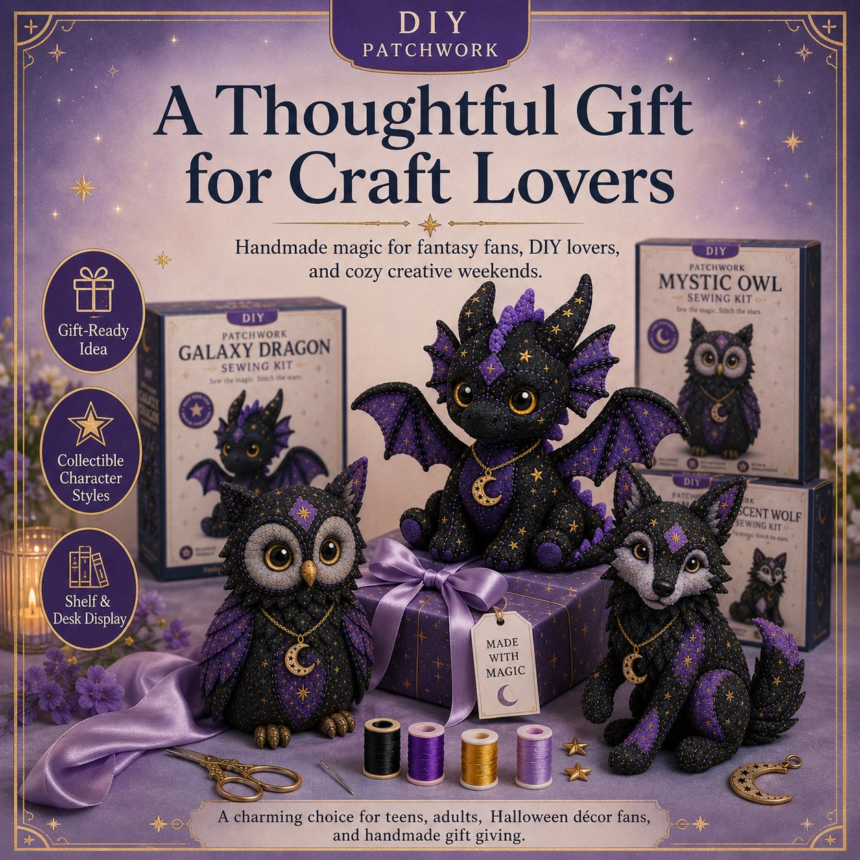 🔥LAST DAY 50% OFF - 🐱Mystic Patchwork Animal Sewing Kit – DIY Plush Craft Kit with Starry Fabric, Moon Charm