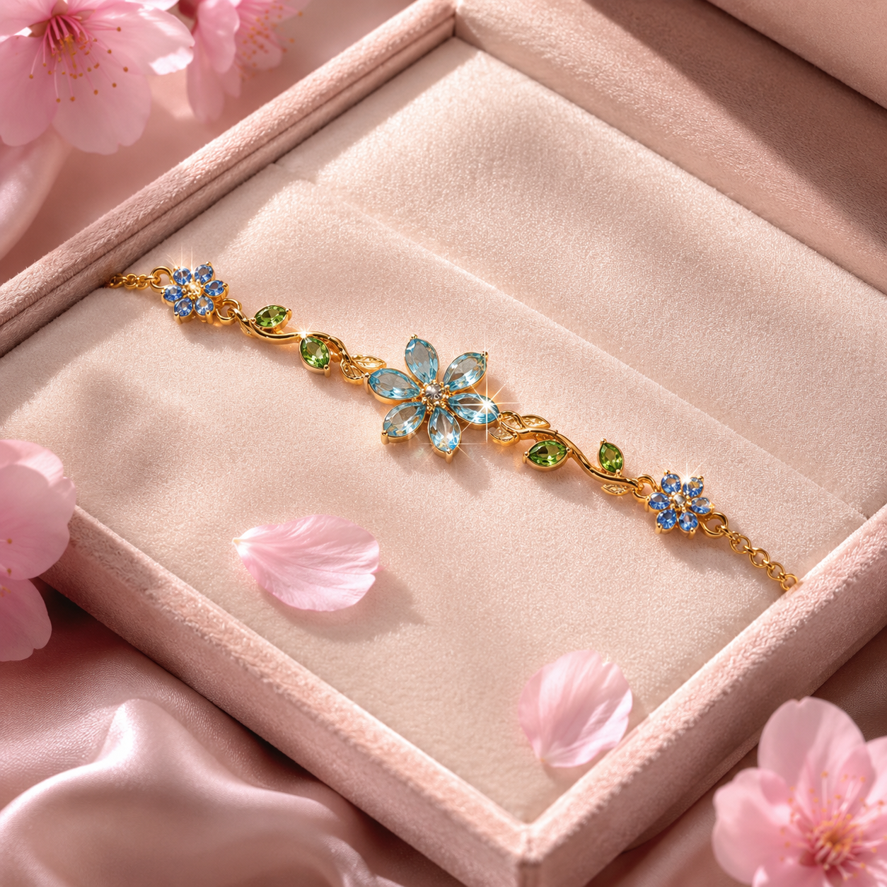 🩵🍃🌸Blooming Sakura Crystal Flower Bracelet – Elegant Floral Jewelry for Women