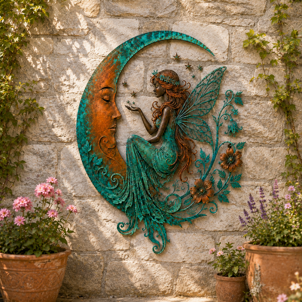 Fairy crescent moon wall decor displayed on a rustic stone wall