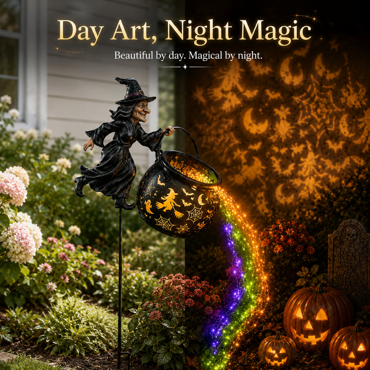Halloween Witch Cauldron Rainbow Light Garden Decoration
