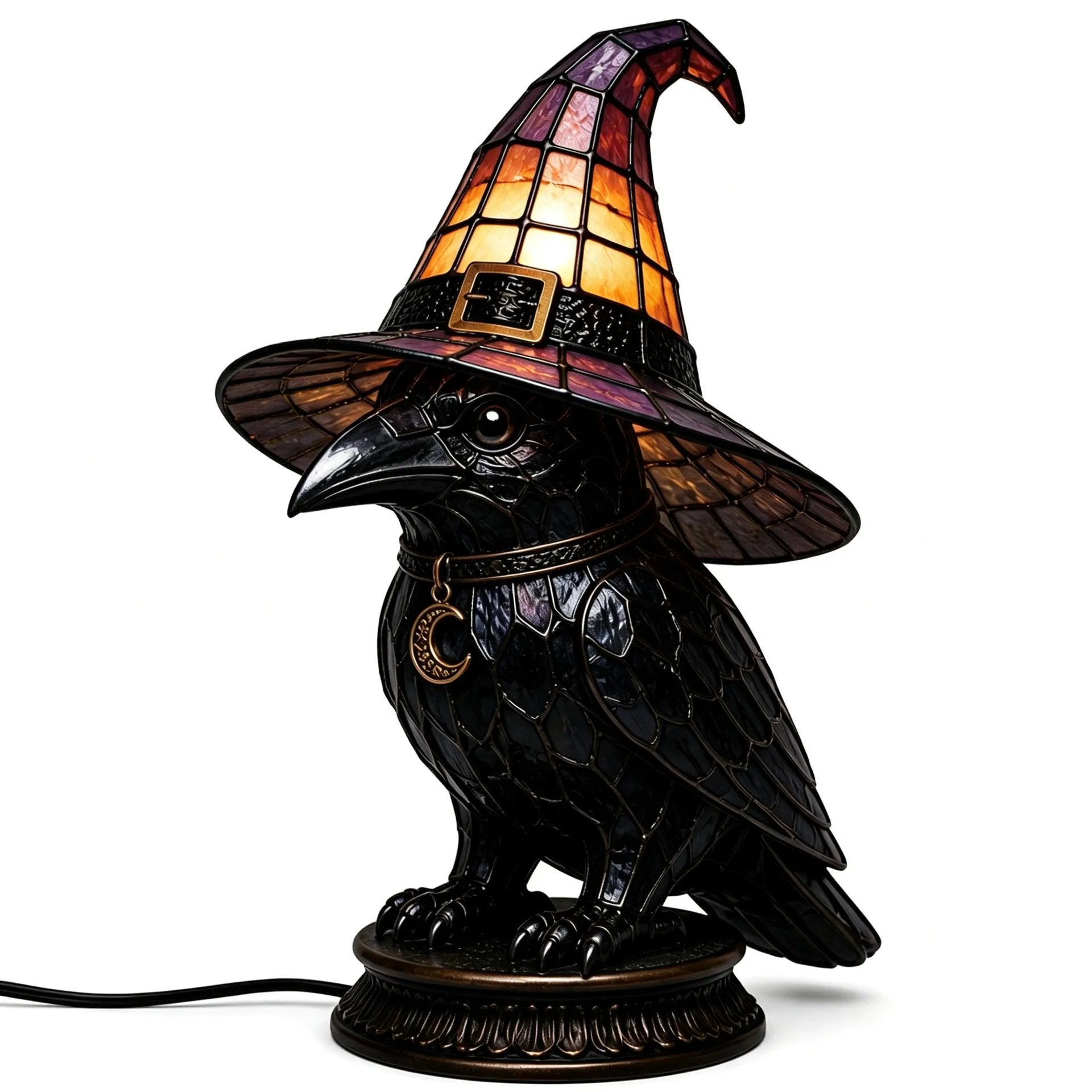 🐈 Gothic Stained Glass Witch Black Cat Table Lamp | Halloween Witch Hat Night Light Decor