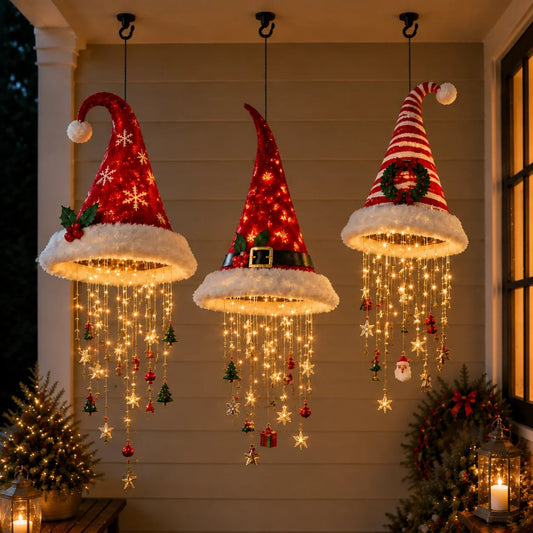 🎅 Beleuchteter Weihnachtsmannhut als Hängeleuchter 🎄 | 3 verschiedene Designs, warme LED-Lichterkette | Weihnachtsdeko für drinnen und draußen, Geschenkidee