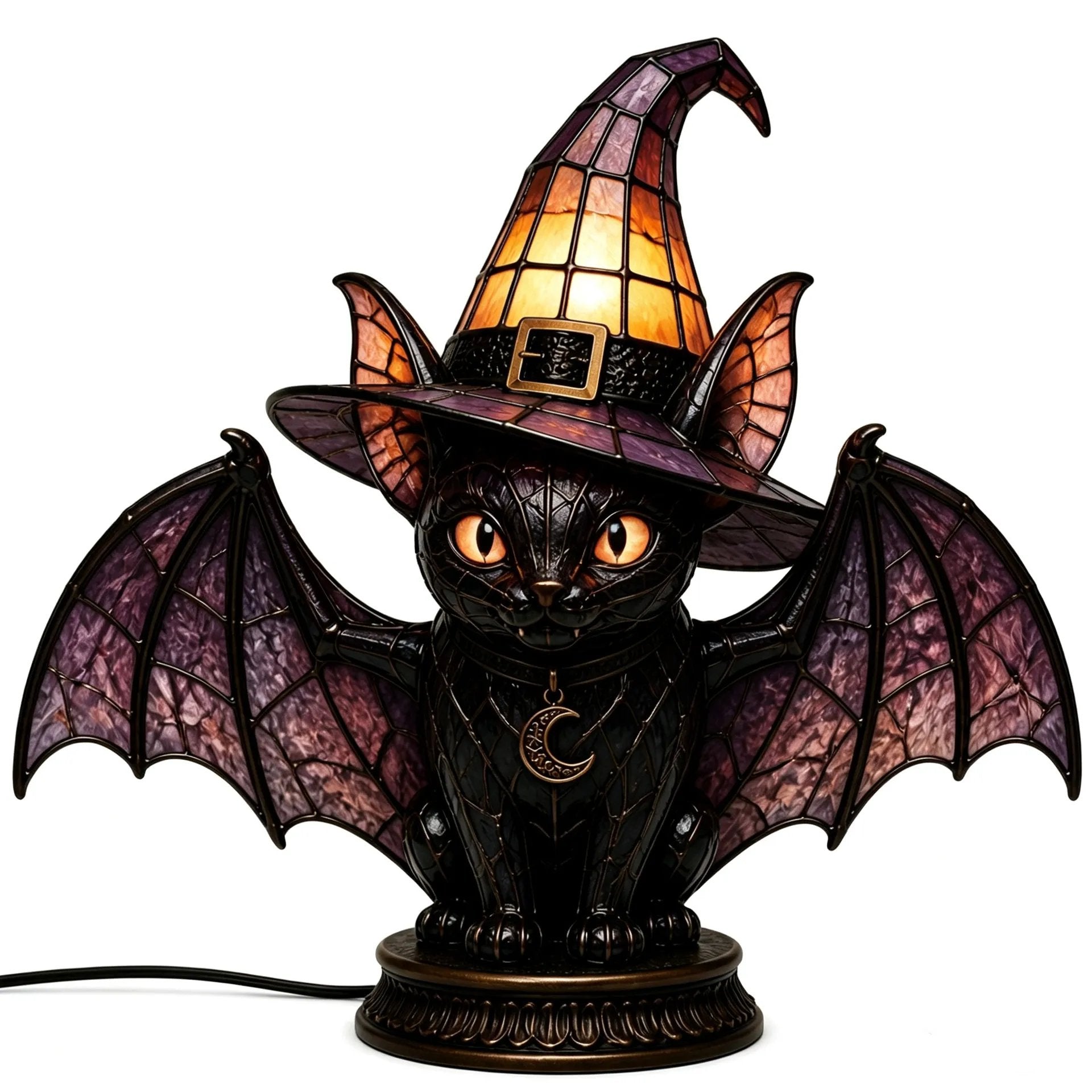 🐈 Gothic Stained Glass Witch Black Cat Table Lamp | Halloween Witch Hat Night Light Decor