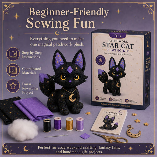 🔥LAST DAY 50% OFF - 🐱Mystic Patchwork Animal Sewing Kit – DIY Plush Craft Kit with Starry Fabric, Moon Charm