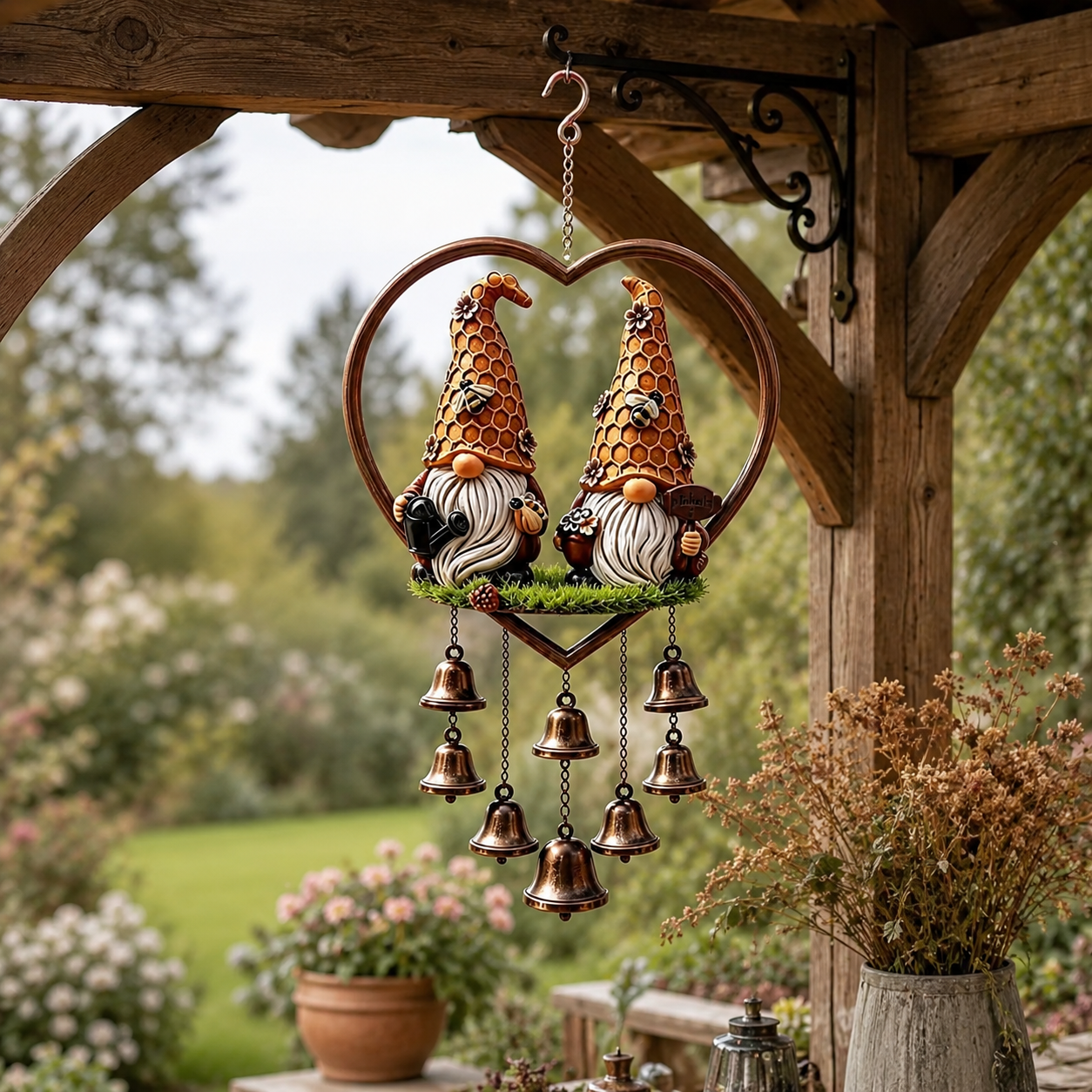 Heart-Shaped Couple Wind Chime – Cardinal & Honeybee Gnome Outdoor Hanging Decor