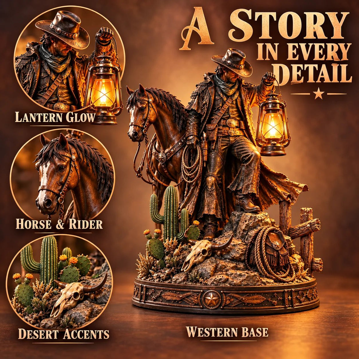 🎁Last Day 50% OFF🔥🤠 Western Rider & Horse Lantern Statue | Rustic Cowboy Decor