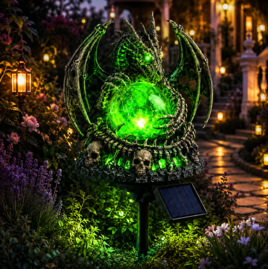🐉 Solar Dragon Skull Crystal Orb Garden Light – Glowing Gothic Fantasy Halloween Outdoor Yard Decor with Solar Panel