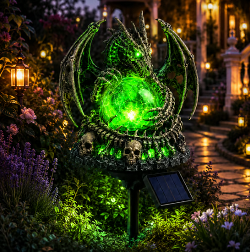 🐉 Solar Dragon Skull Crystal Orb Garden Light – Glowing Gothic Fantasy Halloween Outdoor Yard Decor with Solar Panel
