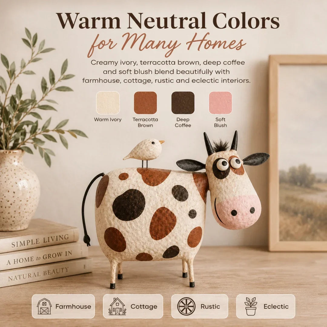Whimsical Cow & Bird Folk Art Figurine