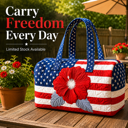 US Patriotic Quilted Tote Bag – 3D Floral American Flag Travel Bag 👜