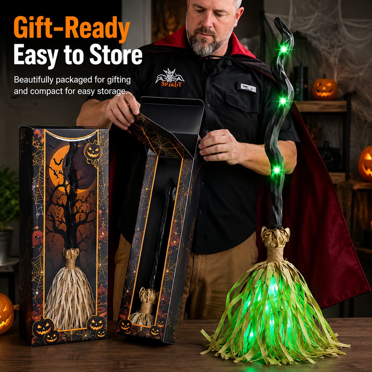 Animated Moving Witch Broom, Light‑Sound‑Motion Halloween Prop to Boost Thrill for Your Indoor & Outdoor Party Decor