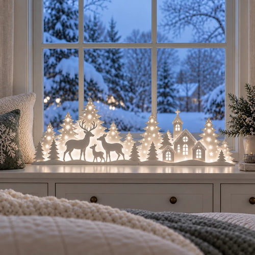 🎁Last Day 49% OFF🔥🦌 LED Christmas Deer & Village Window Decor | 2-Piece Lighted Scene
