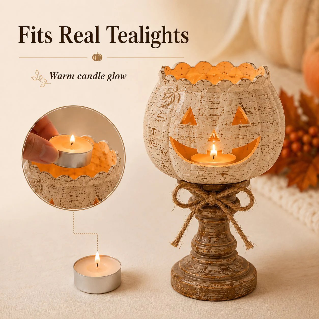 🕯   Set of 3 Rustic White Pumpkin Tealight Candle Holders  | Layered Farmhouse Fall Decor For Halloween & Thanksgiving