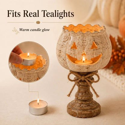 🕯   Set of 3 Rustic White Pumpkin Tealight Candle Holders  | Layered Farmhouse Fall Decor For Halloween & Thanksgiving