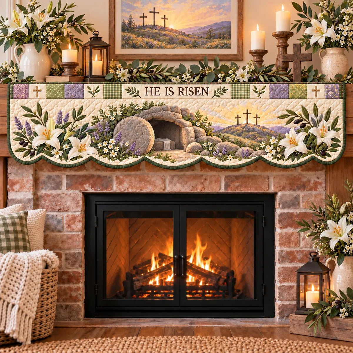 ⏳ Last Day 49% OFF – ✝️ Easter Faith Quilted Mantel Scarf | Patchwork Christian Fireplace Décor for Spring & Easter 🌷