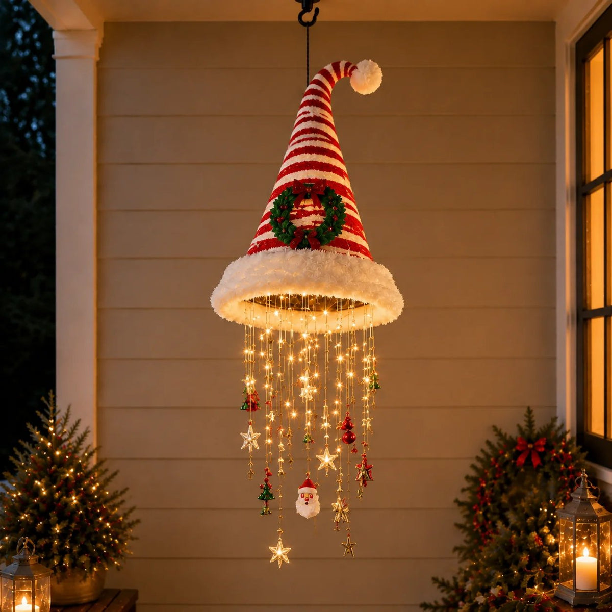 🎅 Beleuchteter Weihnachtsmannhut als Hängeleuchter 🎄 | 3 verschiedene Designs, warme LED-Lichterkette | Weihnachtsdeko für drinnen und draußen, Geschenkidee