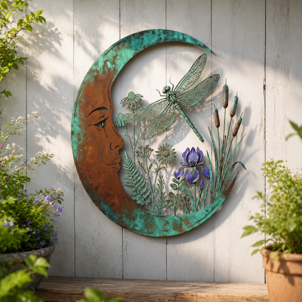Dragonfly crescent moon metal wall decor with botanical details