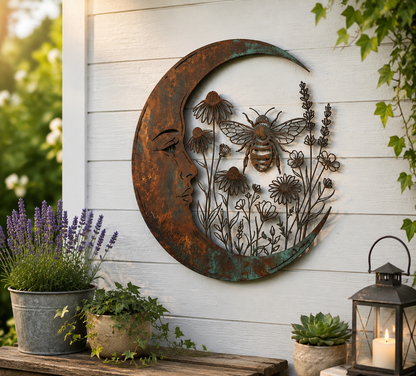Bee crescent moon wall art displayed on a porch
