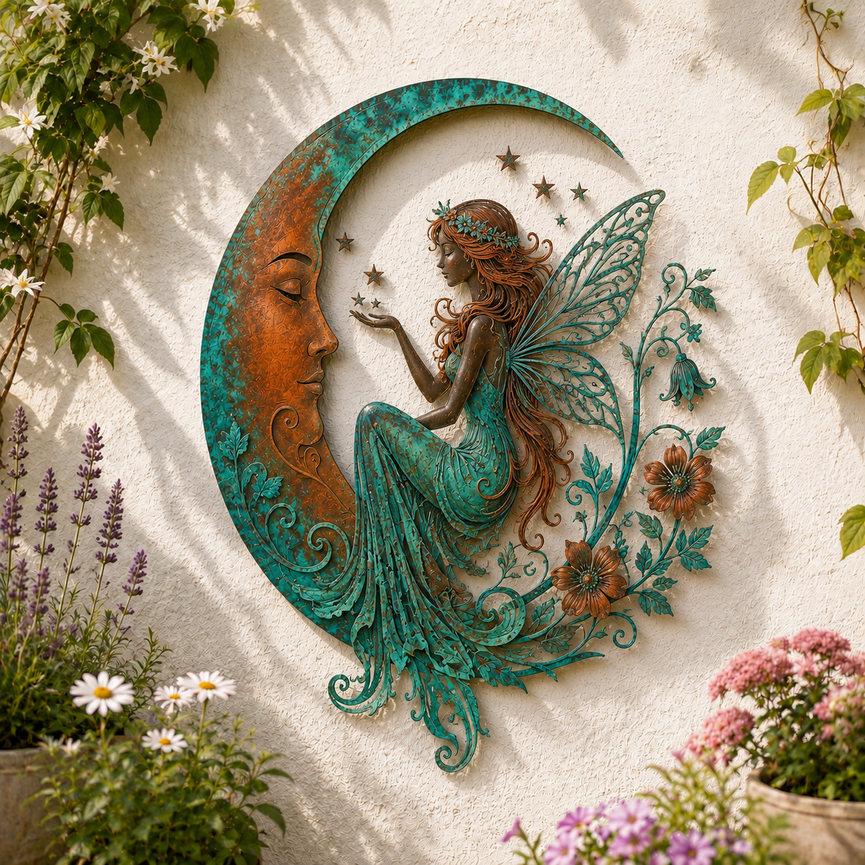 Fairy crescent moon metal wall decor in a flower garden