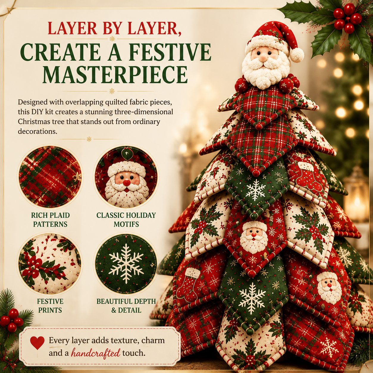🔥LAST DAY 50% OFF - 🎄🧵DIY Quilted Christmas Tree Kit – Handmade Fabric Holiday Tabletop Tree Decor