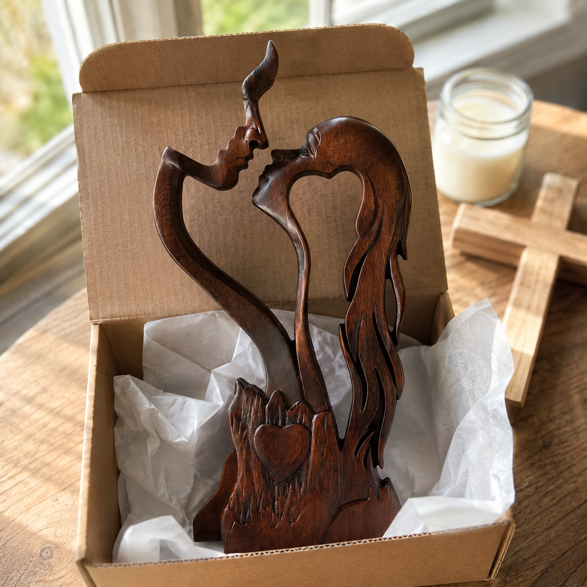 Hand-Carved Christian Love Sculpture – Wooden Couple Statue for Wedding & Anniversary Gift - size and finish detail
