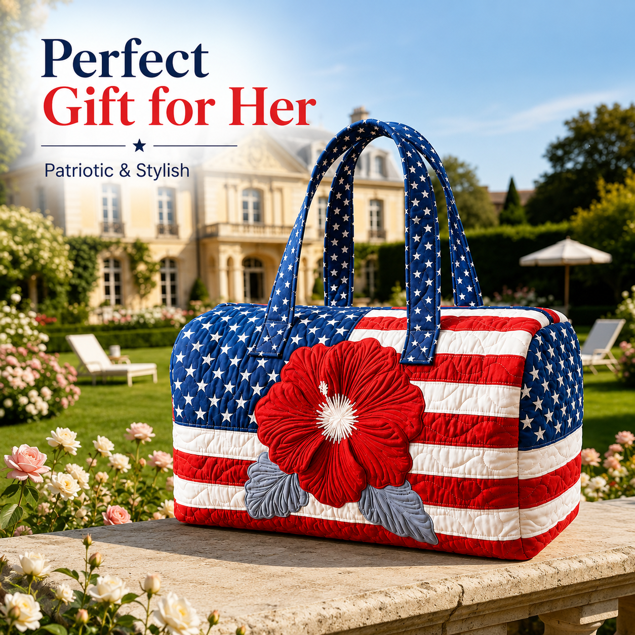 US Patriotic Quilted Tote Bag – 3D Floral American Flag Travel Bag 👜