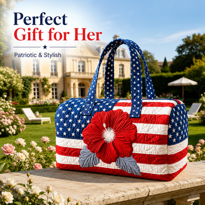 US Patriotic Quilted Tote Bag – 3D Floral American Flag Travel Bag 👜