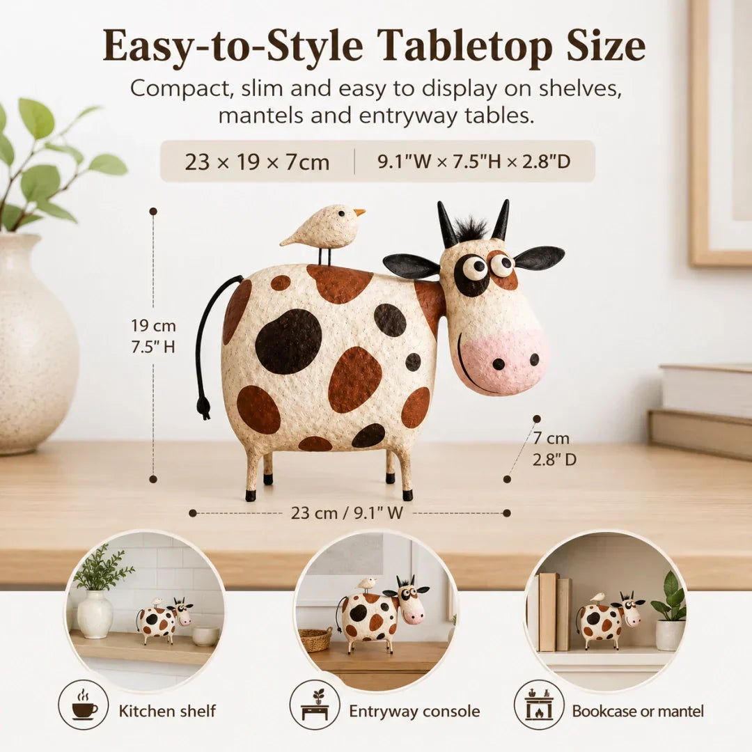 Whimsical Cow & Bird Folk Art Figurine