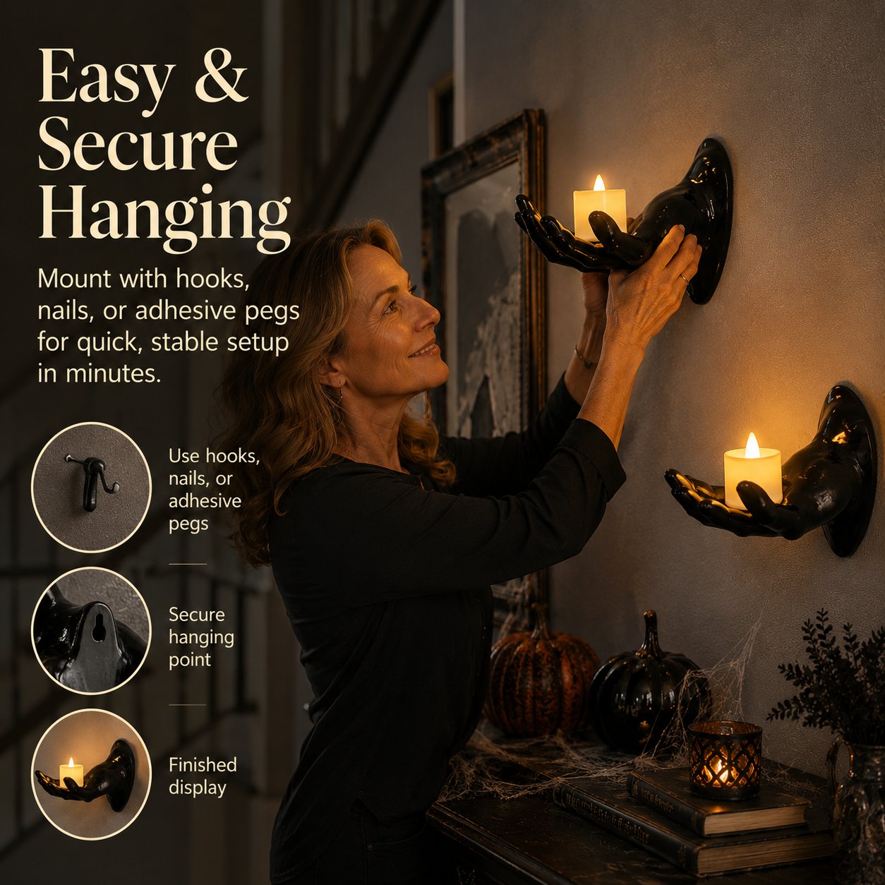 Halloween Decorations, Pack of 3 Wall Mounted Creepy Reaching Hands with Lighted Candles