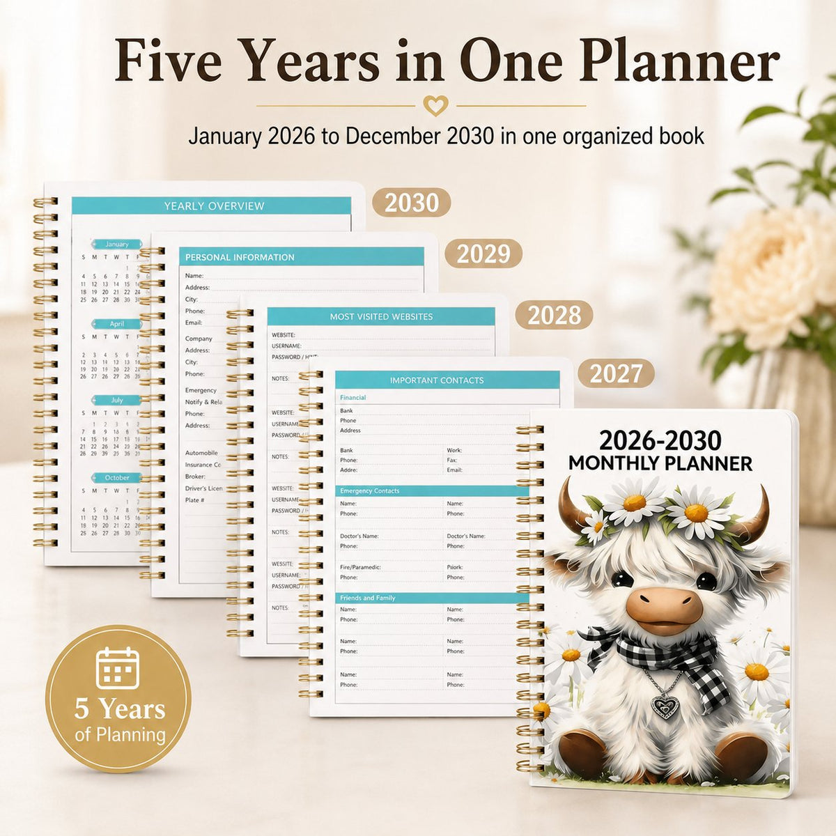 🐮 Cute Cow 5-Year Planner 2026–2030 | Monthly Organizer with Farmhouse Cover, Goal Tracking Pages & Long-Term Planning Layout ✨