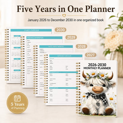 🐮 Cute Cow 5-Year Planner 2026–2030 | Monthly Organizer with Farmhouse Cover, Goal Tracking Pages & Long-Term Planning Layout ✨