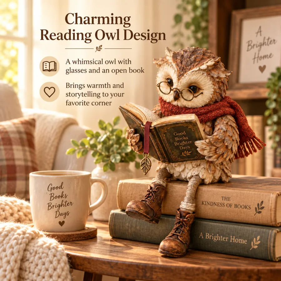🦉📚 Figurine de chouette lectrice — Cadeau original pour les passionnés de lecture, avec lunettes, écharpe et bottes