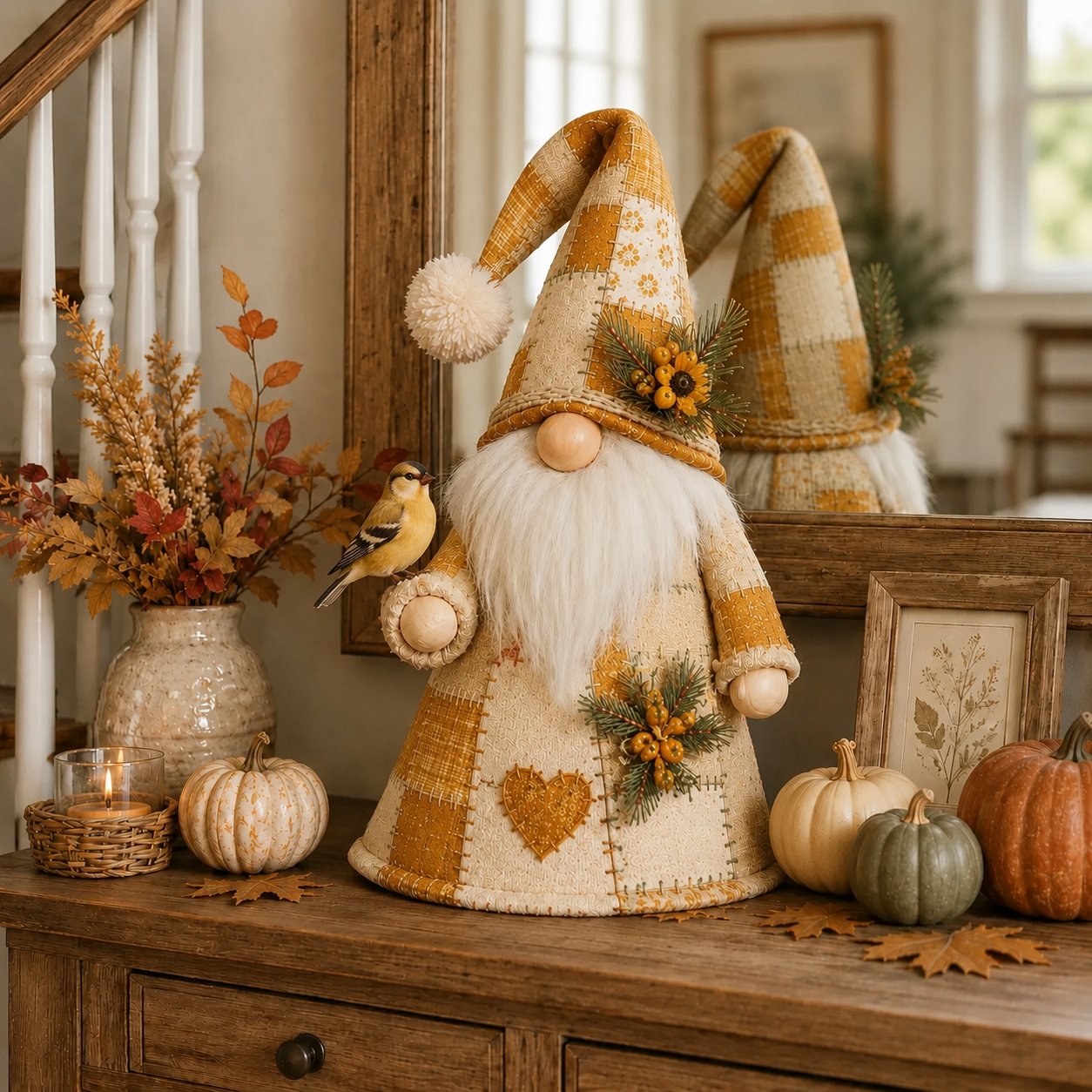 🔥 LAST DAY 49% OFF – 🐦 Patchwork Bird Gnome Light Collection | Warm Glowing Tabletop Decor with Farmhouse Patchwork Details for Mantels, Shelves & Holiday Gifts ✨