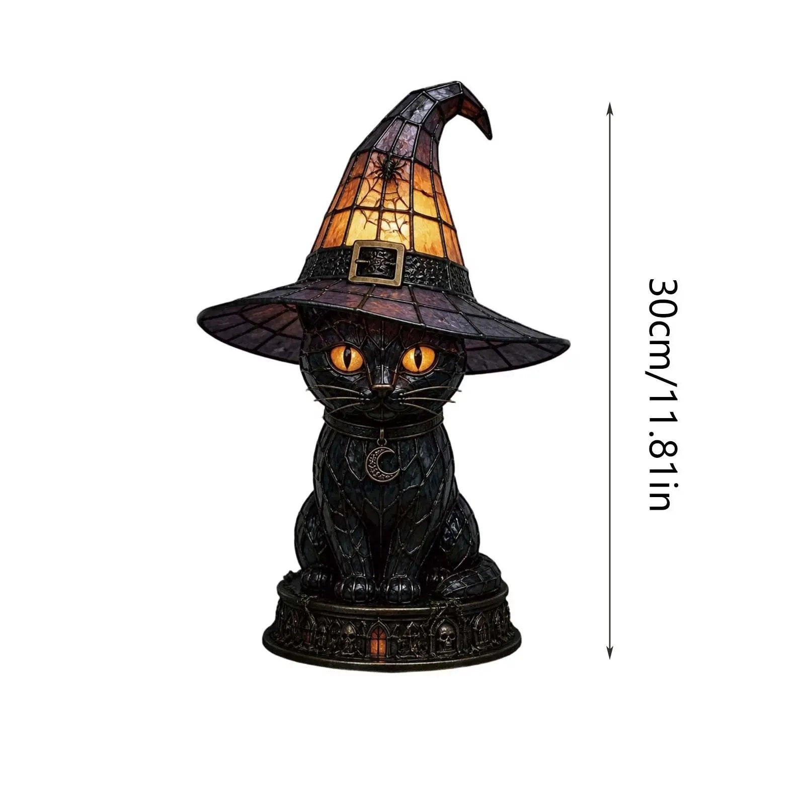 🐈 Gothic Stained Glass Witch Black Cat Table Lamp | Halloween Witch Hat Night Light Decor