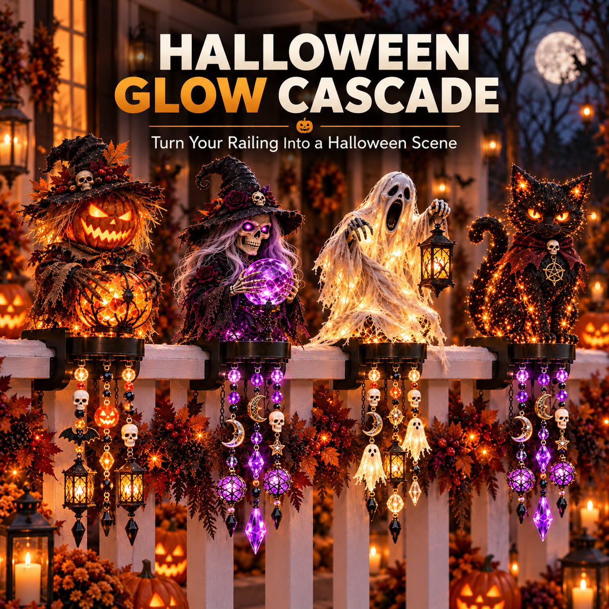 🔥HOT SALE🔥🎃 Halloween Character Glow Cascade Railing Lights – Pumpkin, Witch, Ghost & Black Cat