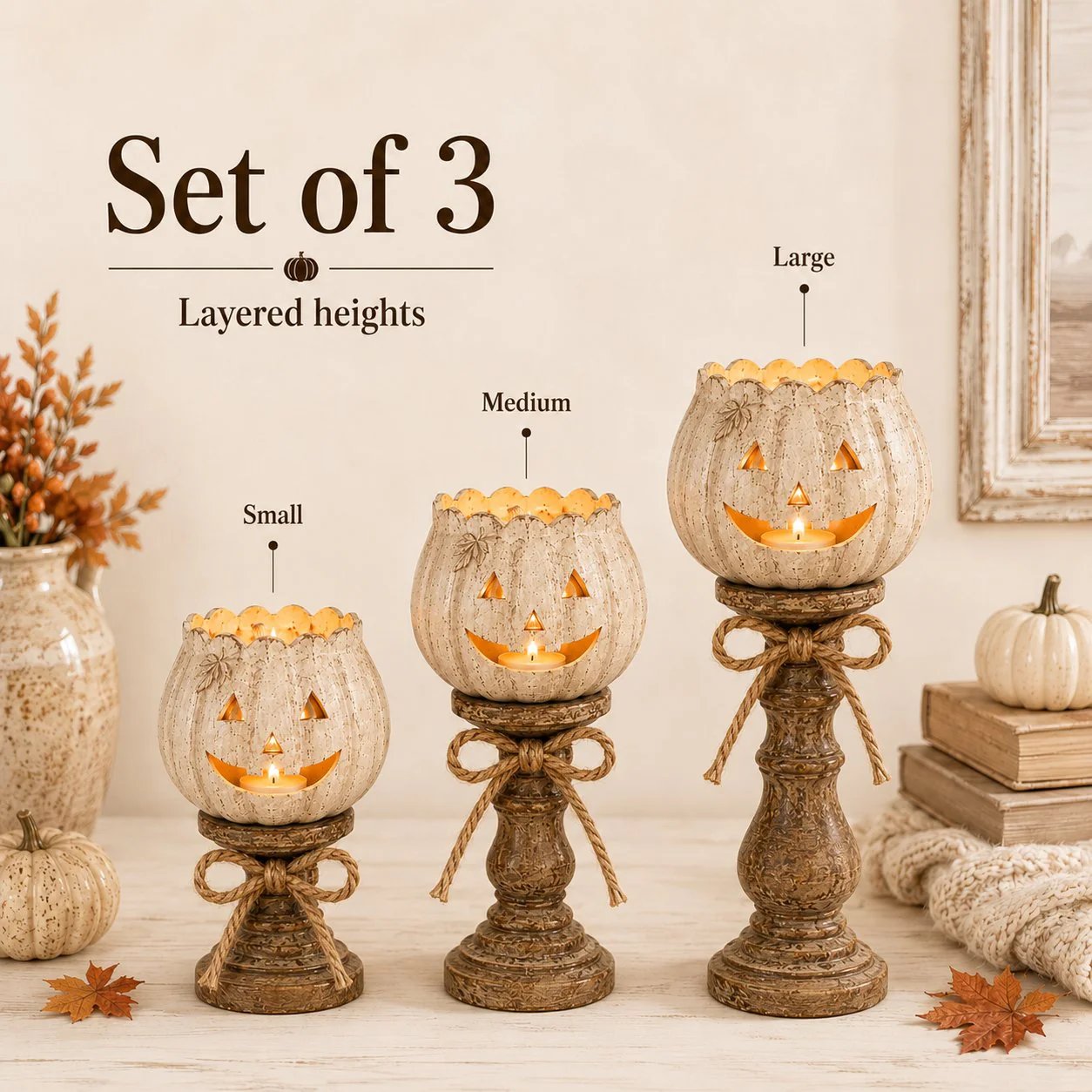 🕯   Set of 3 Rustic White Pumpkin Tealight Candle Holders  | Layered Farmhouse Fall Decor For Halloween & Thanksgiving