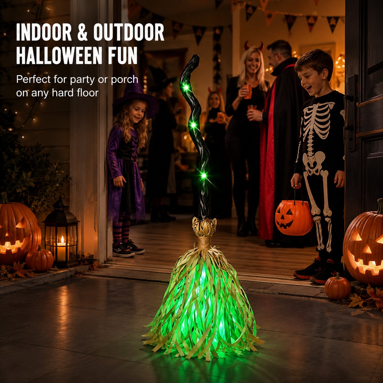 Animated Moving Witch Broom, Light‑Sound‑Motion Halloween Prop to Boost Thrill for Your Indoor & Outdoor Party Decor