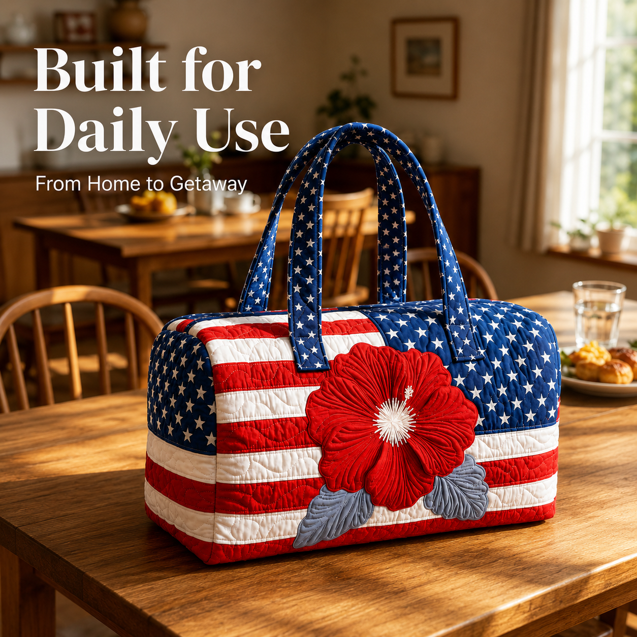 US Patriotic Quilted Tote Bag – 3D Floral American Flag Travel Bag 👜
